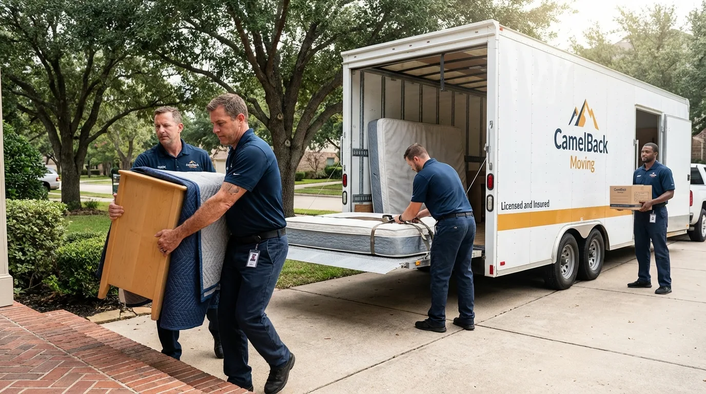Crew loading residential truck for cross-state move from Harrison, MI