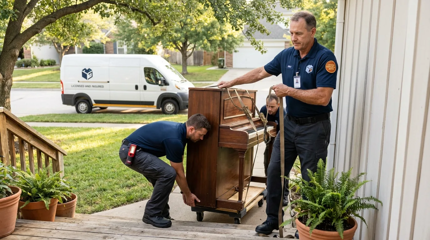 Licensed piano movers securing grand piano in Harrison, MI