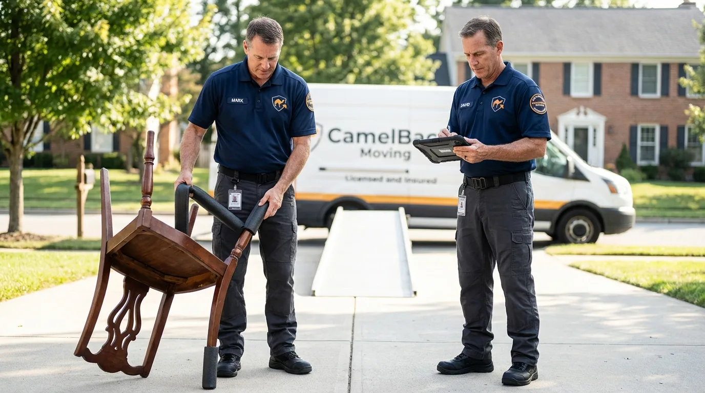 Movers inspecting furniture for damage prevention before loading in Harrison, MI