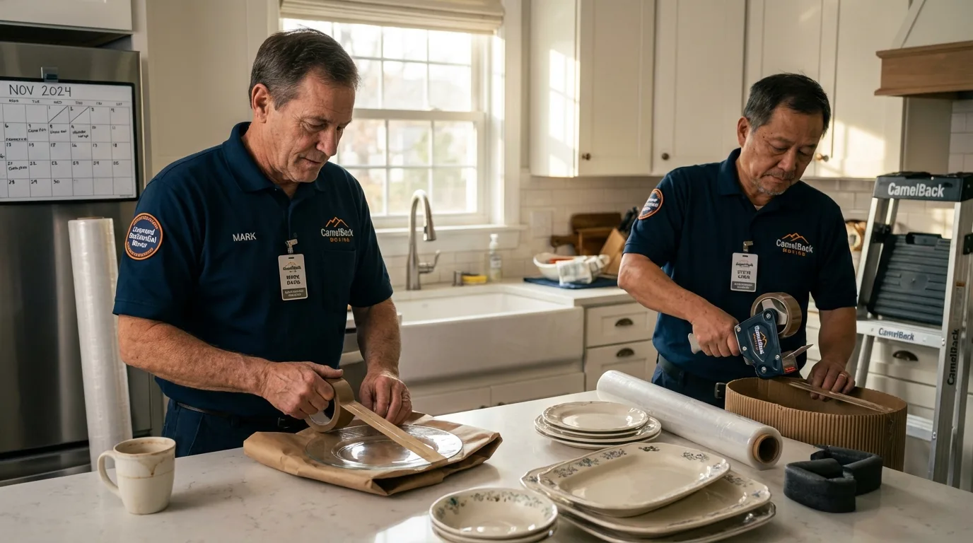 Professional crew packing kitchen dishware in Harrison, MI